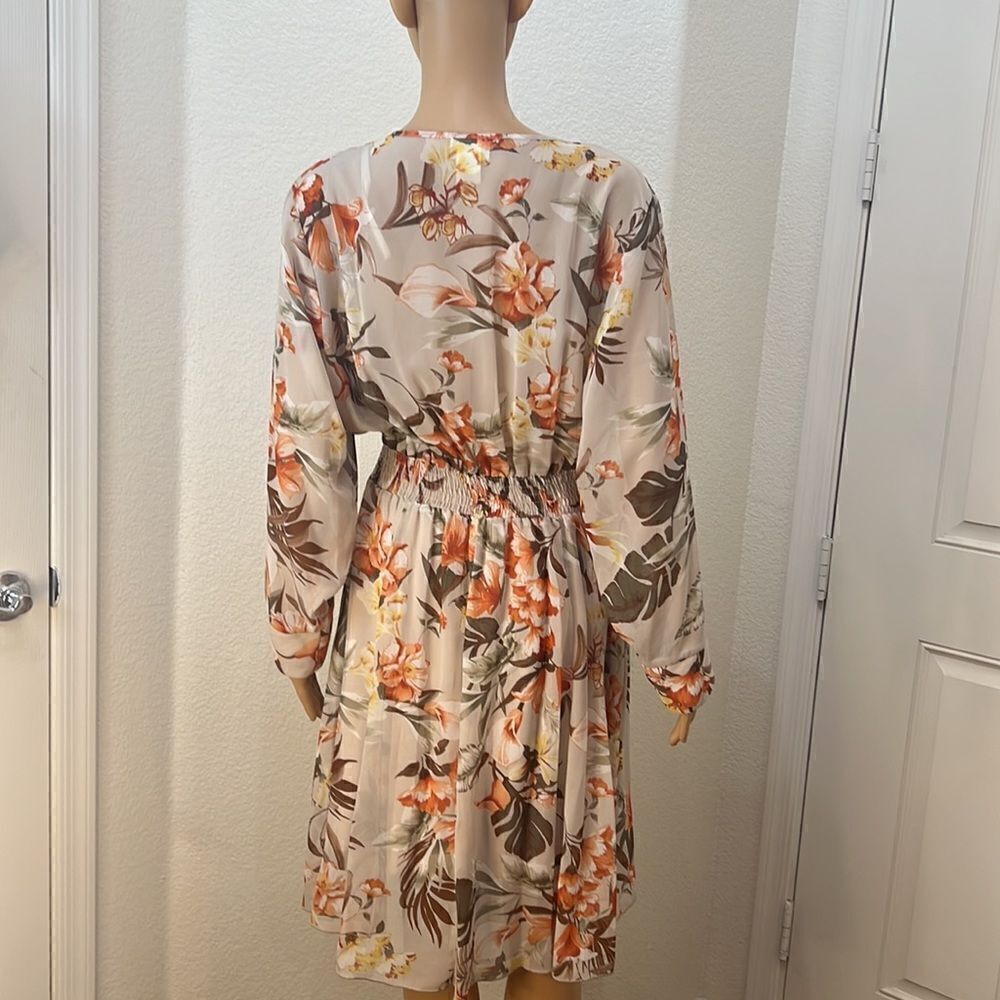 Enfocus Dress Size 14P V Neck Floral Long Sleeve Sheer Lined Skirt Elastic Waist - Picture 6 of 11
